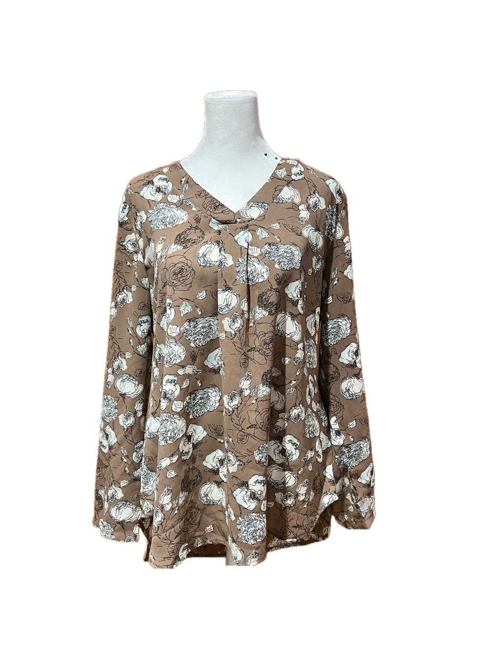 Youtalia Floral V Neck Blouse Beige White Blue Large